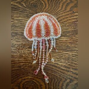 VINTAGE LK Jellyfish Beaded Brooch 3.5” Orange Cream Tassels Marine Sea Life